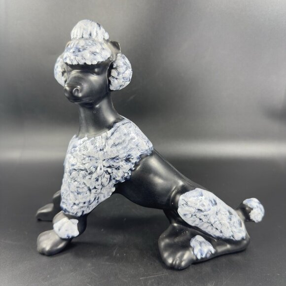 Vintage MCM Poodle Dog Figurine Crackle Glaze Black White Spots Ceramic Decor - Picture 9 of 13